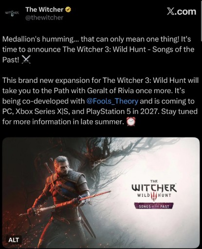 The Witcher 3: Songs of the Past – Geralt kehrt 2027 überraschend zurück witcher 3 tweet